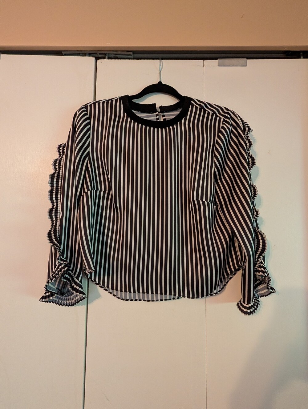 Striped Black and White Long-Sleeve Ruffle Top